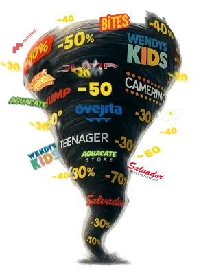 Remolino de descuentos por Black Friday con logos de negocios participantes