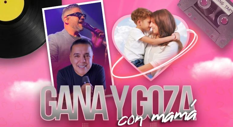 Banner promocional del evento "Gana y Goza con Mamá" en Metrosol Maracaibo para el Día de las Madres. Incluye una foto de un show musical con imitadores y otra foto de una madre y su hijo abrazándose, rodeadas de corazones y elementos musicales como un disco de vinilo y un cassette