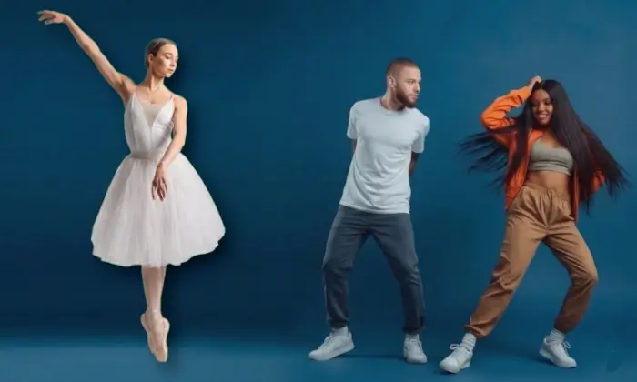 Tres bailarines sobre un fondo azul oscuro: a la izquierda, una mujer bailando ballet clásico con tutú blanco; a la derecha, un hombre y una mujer ejecutando pasos de baile urbano y moderno
