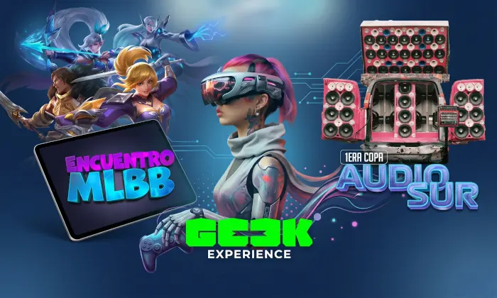 Afiche de promoción de los eventos Encuentro MLBB Gamer Party, Geek Experience y Guerra de Minitecas en Metrosol Maracaibo