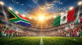 La imagen muestra las banderas de las selecciones de México y Sudáfrica en un estadio de fútbol con motivo de la inauguración del mundial 2026