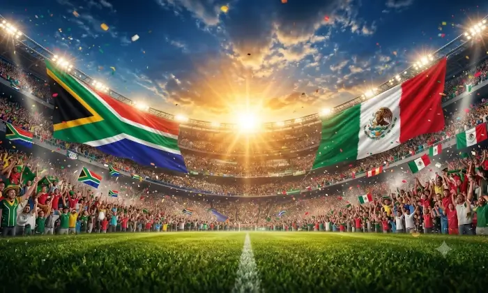 La imagen muestra las banderas de las selecciones de México y Sudáfrica en un estadio de fútbol con motivo de la inauguración del mundial 2026